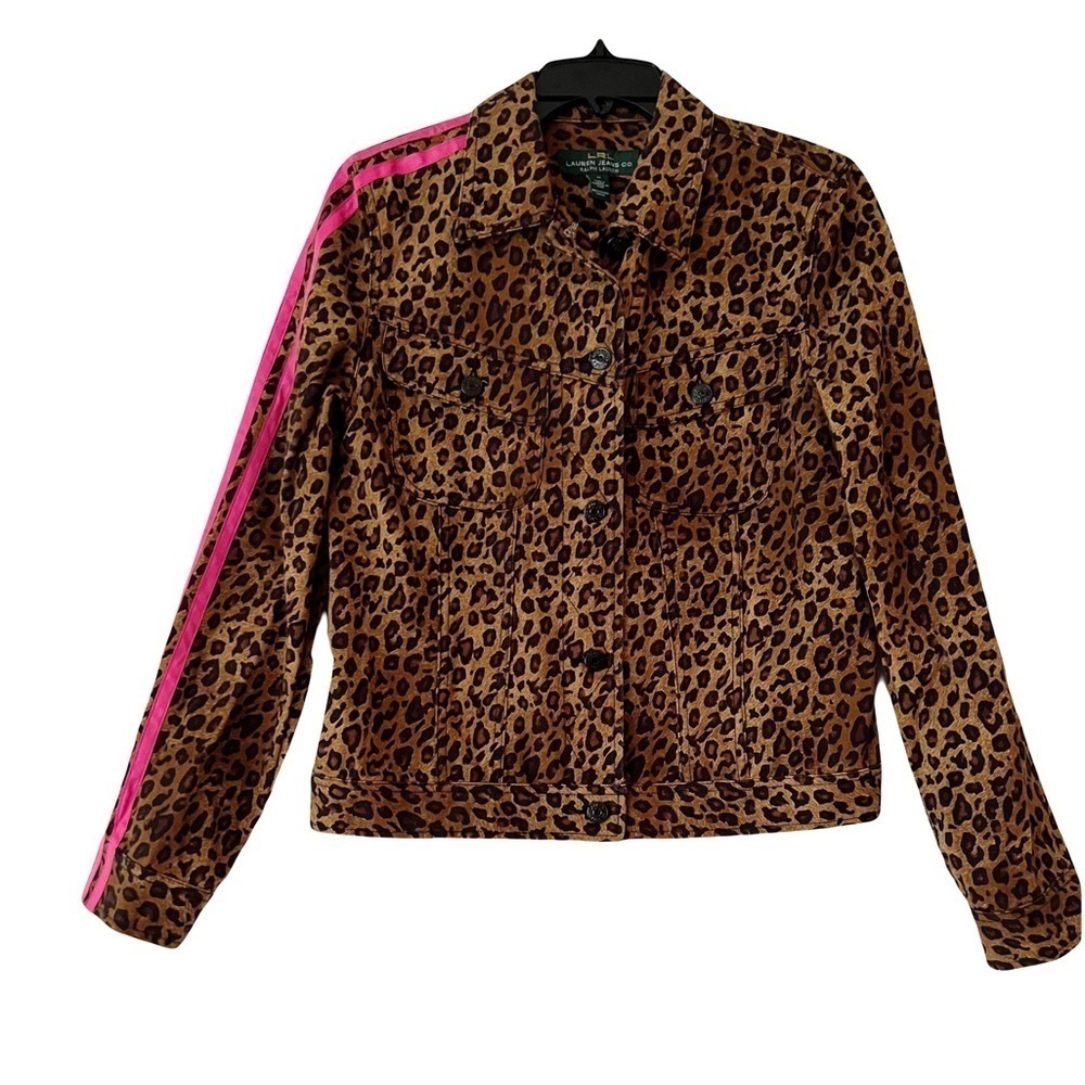 Lauren Ralph Lauren Leopard Jean Jacket with Pink Sleeve Striping Size Medium
